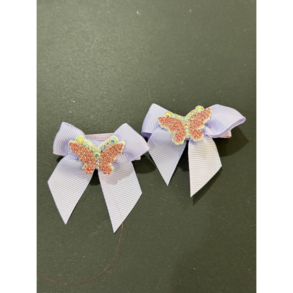 Lavender Hair Bow Pair Rhinestone Butterfly‎ Grosgrain Ribbon Barrettes